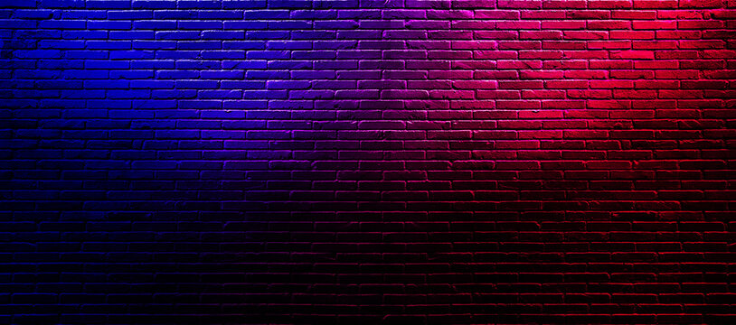 Empty space of Studio dark room with lighting effect red and blue on brick wall grunge texture background for interior decoration.