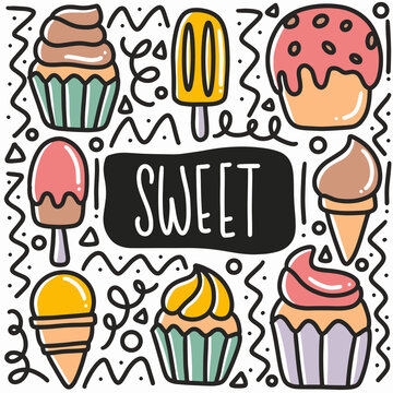 hand drawn sweet food doodle set