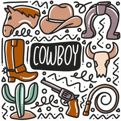hand drawn cowboy equipment doodle set