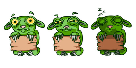 funny cartoon character monster, holding a wooden board. Vector clipart illustration for design, print, poster