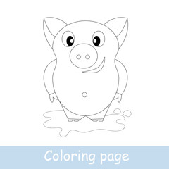 Cute cartoon piggy coloring page. Learn to draw animals. Vector line art, hand drawing. Coloring book for children. Print for a t-shirt, label or sticker
