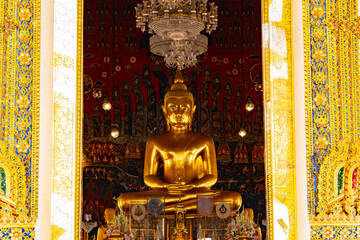 BANGKOK, THAILAND - April 14, 2021: Golden buddha statue in Golden Mount or Wat Saket Golden Mountain Temple famous, is a Buddhist temple in Pom Prap Sattru Phai district, Bangkok. A popular Landmark