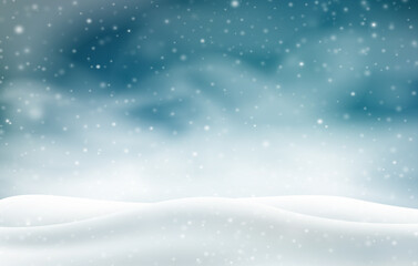 Winter 3D landscape with snowstorm at night. Realistic white snowfall. Vector illustration. - obrazy, fototapety, plakaty