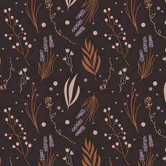 Hand drawn seamless pattern with plants and herbs on a dark brown background