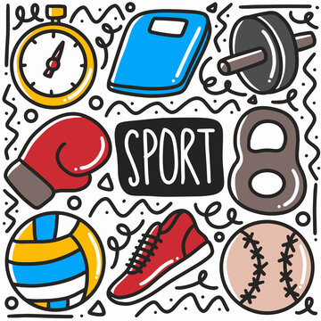hand drawn sport equipment doodle set