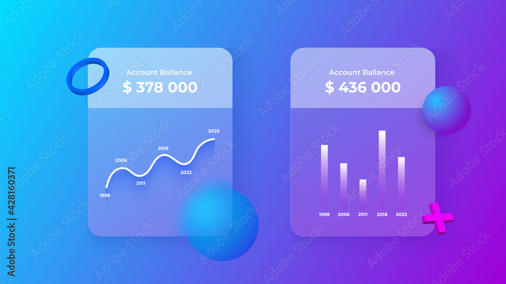 Aufkleber Glassmorphism infographics charts concept with 3d geometric shapes. Frosted glass effect. Illustration on blurred gradient vector background