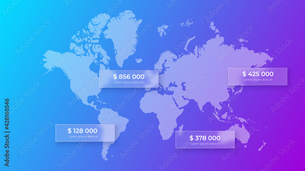Aufkleber Glassmorphism world map concept. Frosted glass effect. Illustration on blurred gradient vector background