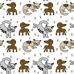Obraz premium Cute cats and dog illustration for baby clothes, label, banner. Cartoon flat drawing for cat lovers. Playful and slipping kittens in a seamless pattern