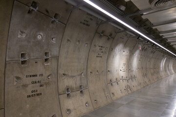 The wall interior of MRT Subway walkway tunnel.