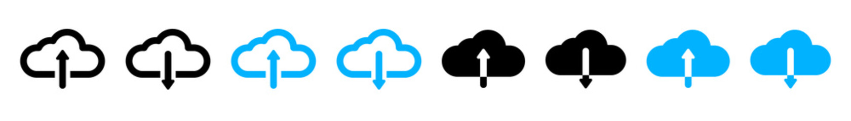 Set of download and upload icons. Cloud and arrow. Vector illustration.