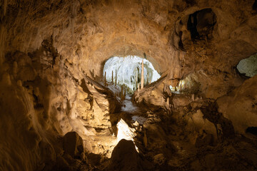 Underground caves with stalactites and stalagmites into the Frasassi Caves (Grotte di Frasassi), Marche, Ancona, Italy