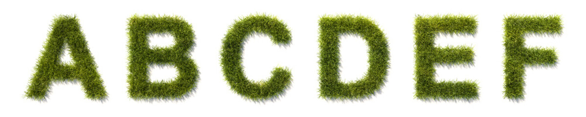 Green grass characters A B C D E F isolated on white with shadows. See the other images for the other letters. - obrazy, fototapety, plakaty