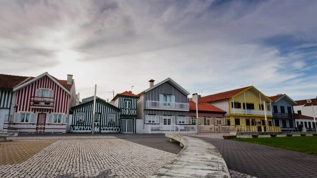 Famous stripe houses from the beach of Costa Nova do prado in Aveiro District in Portugal