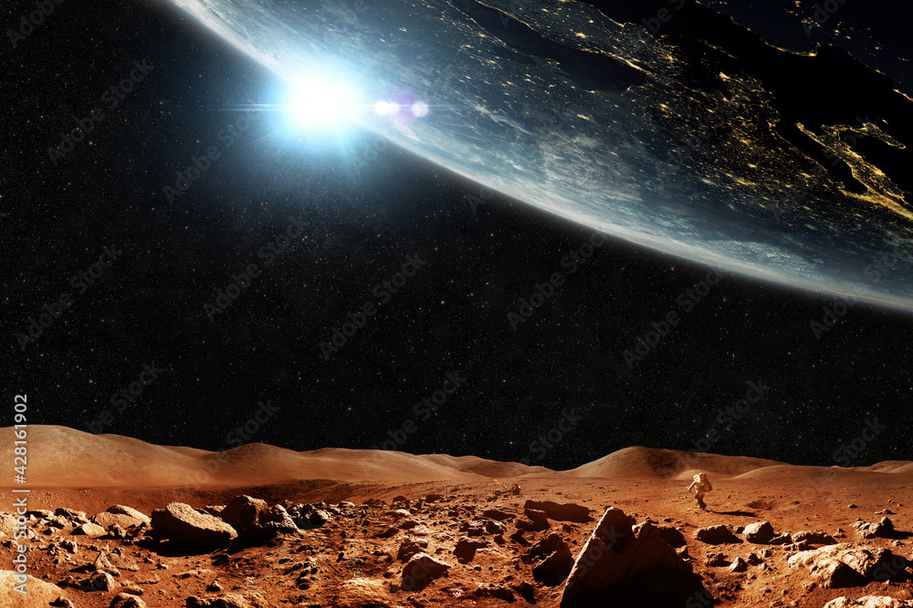 Aufkleber red planet mars with stars and planet earth, journey space concept. space man astronaut walks throug