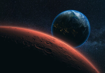 Red planet earth with craters and blue planet Earth in space with stars. Space wallpaper
