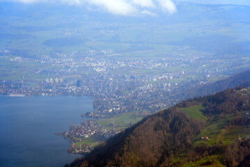 View from mount Rigi to the Swiss midlands with lake Zug. Photo taken April 14th, 2021, Rigi Kulm, Switzerland.