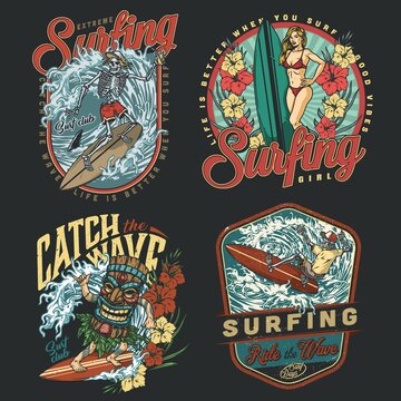 Surfing club vintage colorful emblems