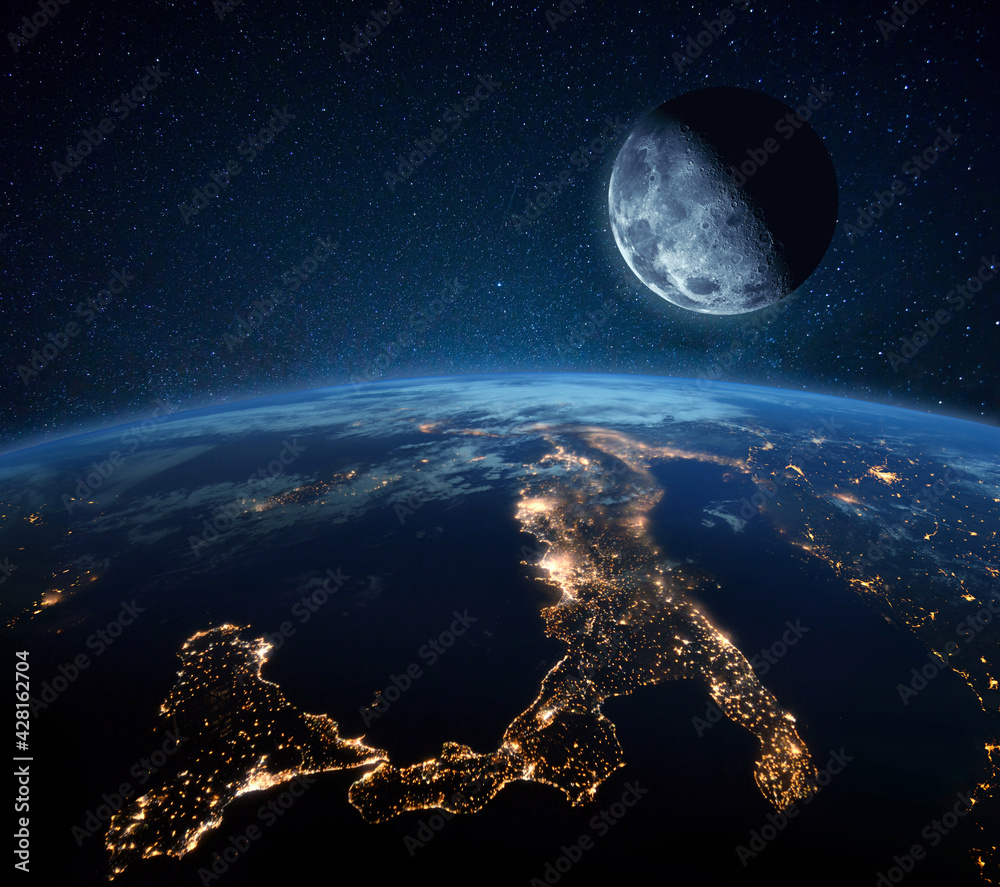 Aufkleber blue planet earth with city lights in space on the starry sky with the moon. moon with craters near 