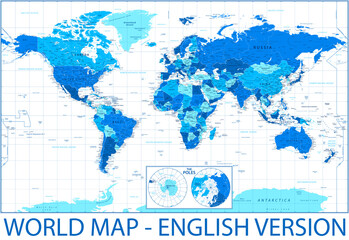 World Map and Poles - Political - Blue and White Color - Vector Detailed Illustration