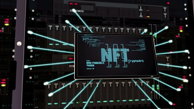 NFT Crypto Art technology, collectibles, blockchain transaction and non fungible token symbols on datacenter. The concept of cyber and innovative business 3D rendering animation. Expansion on server r