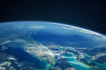 Blue planet earth with ocean and continents in open space on the starry sky
