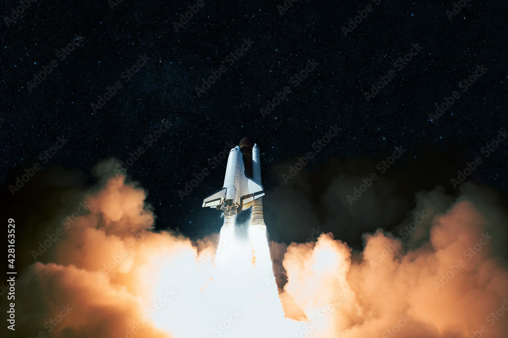 Aufkleber Rocket with clouds of smoke takes off upward into space. Spaceship completes mission and launches into space