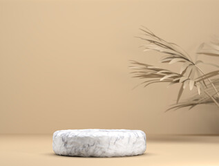 abstract marble template as presentation stage with leaf shadow in front of background - 3D Illustration