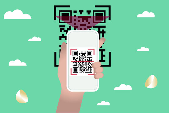 image of a hand with a smartphone scanning a QR code on the screen. The concept of cashless technology. Internet payment, money transfer.  illustration. Flat style