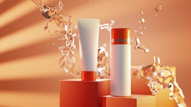 Sunscreen bottles on podium in splash water, uv protection. Skin care lotion, beauty cosmetic cream, white mock up tube on orange background 3d animation, product ad presentation on stage in sunlight.