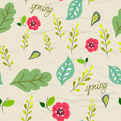 Seamless pastel pattern with floral elements on crumpled paper background. Vector illustration.