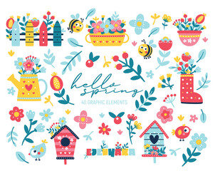 Cute vector spring floral clipart with bird house, flowers, plants, branches, berries, leaves, garden, bird, bee
