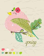 Spring poster with cute cartoon bird in a colorful palette. Vector childish illustration in hand-drawn Scandinavian style.