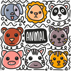 hand drawn animal face doodle set