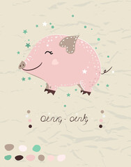 Poster with cute mini pig in pastel colors. Vector illustration.