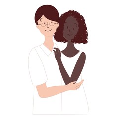 日本人男性　黒人女性　寄り添う　ハグ
