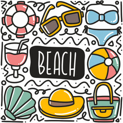 hand drawn beach vacation doodle set