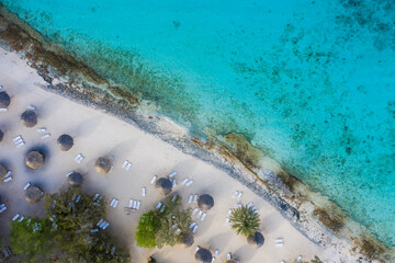 Aerial view above scenery of Curacao, Caribbean with ocean, coast and beach