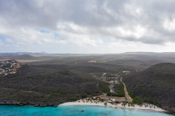 Aerial view above scenery of Curacao, Caribbean with ocean, coast and beach