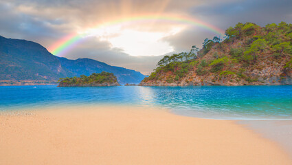 Oludeniz Beach And Blue Lagoon with rainbow - Oludeniz beach is best beaches in Turkey - Fethiye, Turkey