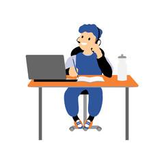online lessons, a schoolboy sitting at a laptop. Vector illustration. Without a background, isolated.