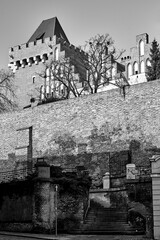 Medieval defensive wall and stone stairs at the royal castle