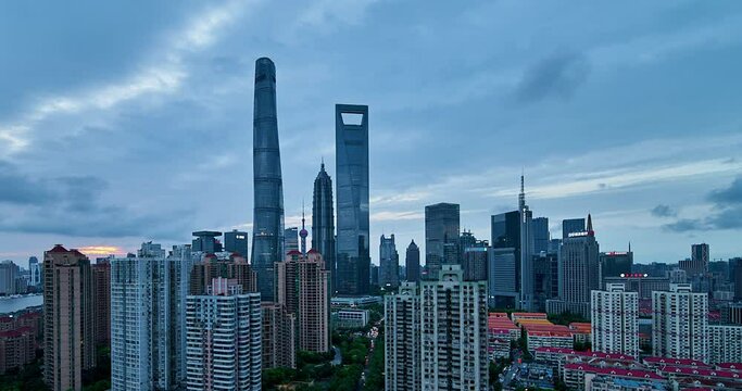 Shanghai Downtown Residential apartment and business landmark complex at sunset (Time-lapse)