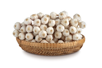 Thai garlic in bamboo basket isolated on white background. clipping path
