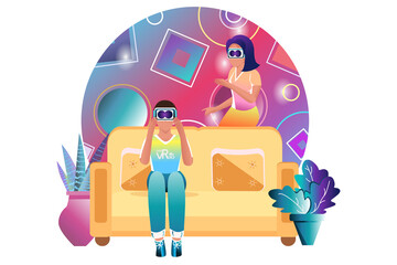 Virtual reality glasses. People are immersed in artificial life. The concept of the future, new technologies. Vector. Bright illustration in a flat style.