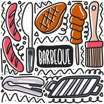 hand drawn barbeque equipment doodle set