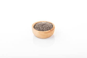 Chia seeds. Chia seeds in wooden bowl on white background. chia