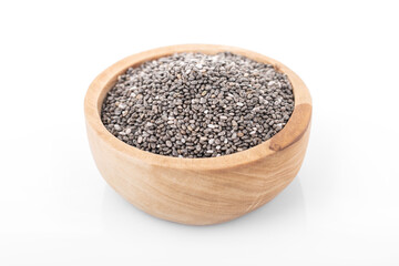 Chia seeds. Chia seeds in wooden bowl on white background. chia