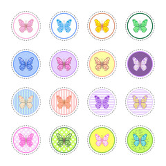 Set of round  stickers  with butterflies. Collection of vector patch, icons, pins in vintage style.