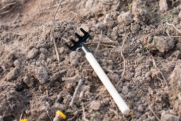 garden tools. Pitchfork rake shovel