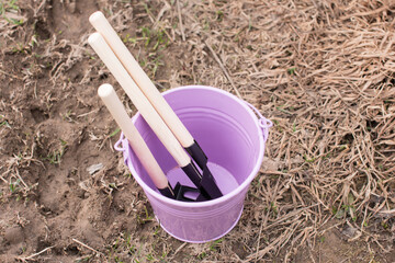 garden tools. Pitchfork rake shovel